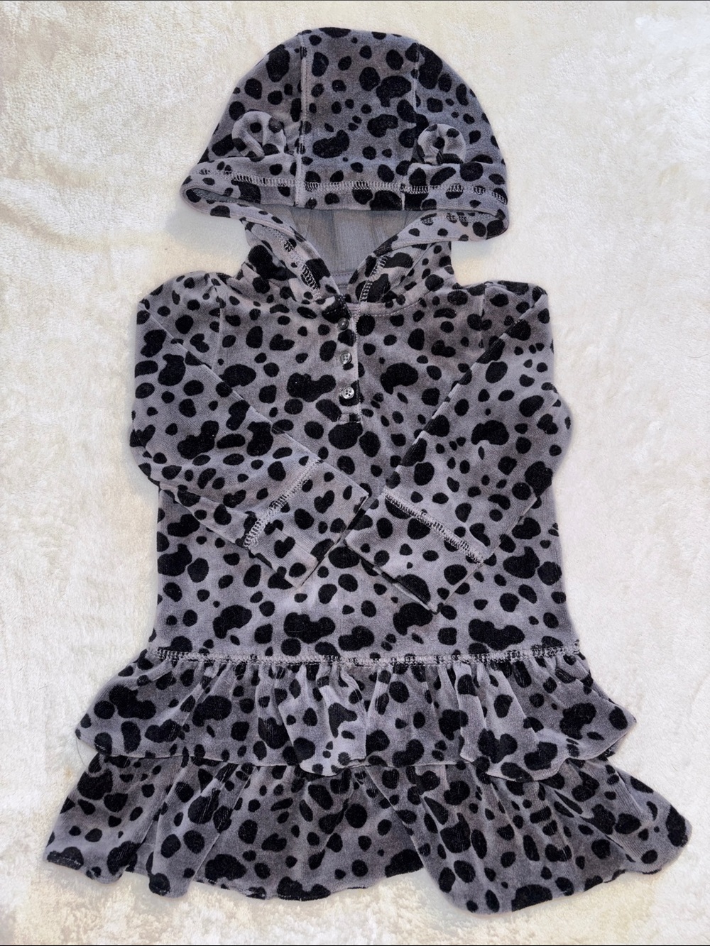 Baby GAP Girls 12-18 month Grey & Black leopard print Spot Hooded Ruffle Dress